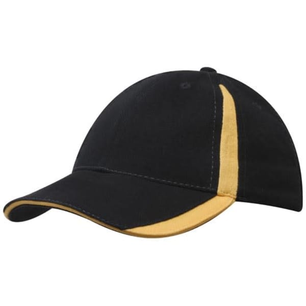 A black cap with a yellow accent on the peak and crown, featuring a logo on the front.