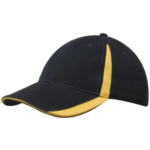 A black cap with a yellow insert on the peak and crown, featuring a logo.