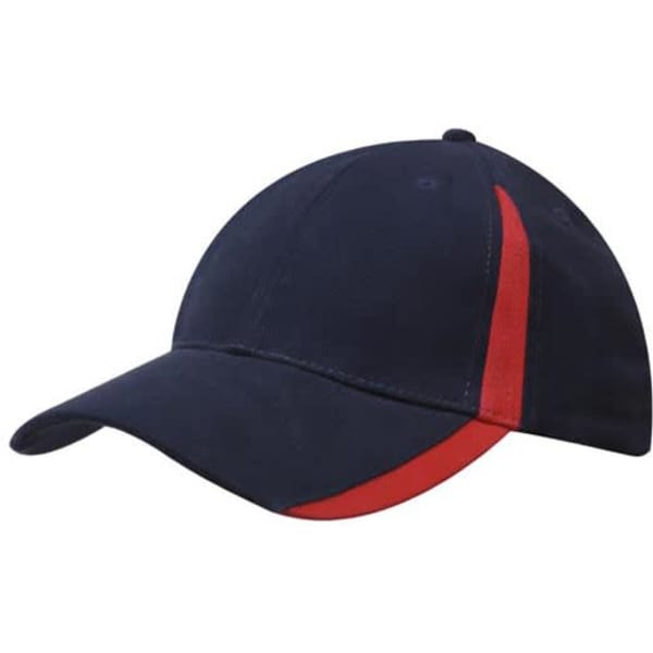 A navy cap with red inserts on the peak and crown, featuring a logo on the side.