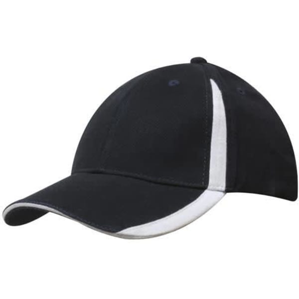A black cap with white inserts on the peak and crown, featuring an adjustable strap and logo.