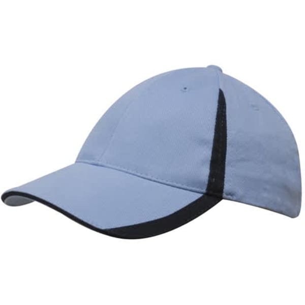 A light blue cap with a black trim, featuring inserts on the peak and crown and a logo.