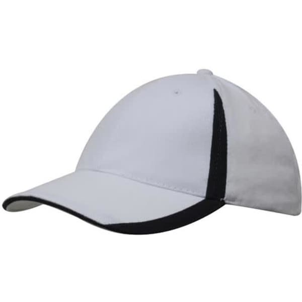 A white cap with a black peak and crown inserts. Features a logo on the side.