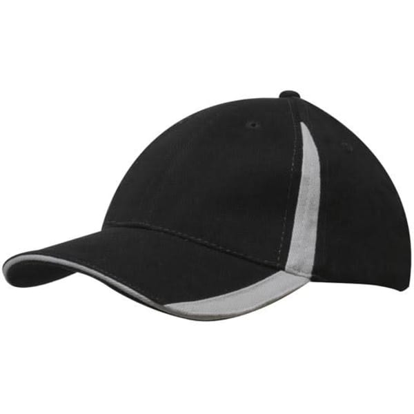 A black brushed heavy cotton cap featuring grey inserts on the peak and crown, with a logo on the front.