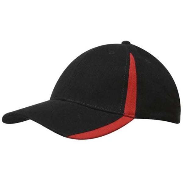 A black cap with a red insert on the peak and crown, featuring a logo on the front.