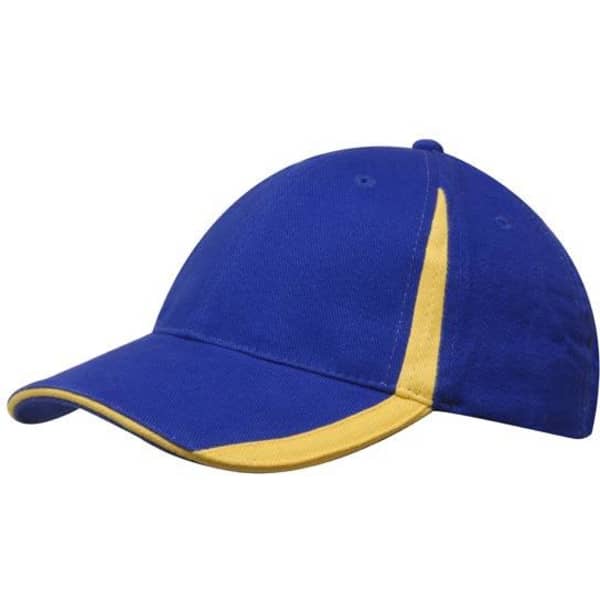 A blue cap with yellow accents along the peak and crown, featuring a small logo.