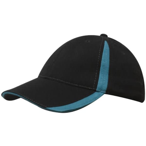 A black cap with turquoise inserts on the peak and crown, featuring a logo.