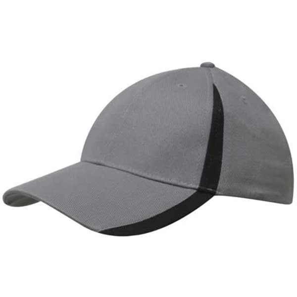 A grey cap with black inserts on the peak and crown, featuring a branding logo.