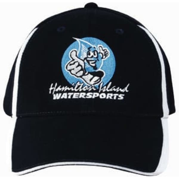 A black cap with white accents, featuring a logo on the front and inserts on the peak and crown.