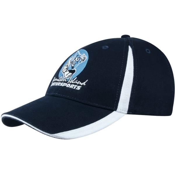 A navy cap with a logo, featuring white inserts on the peak and crown.