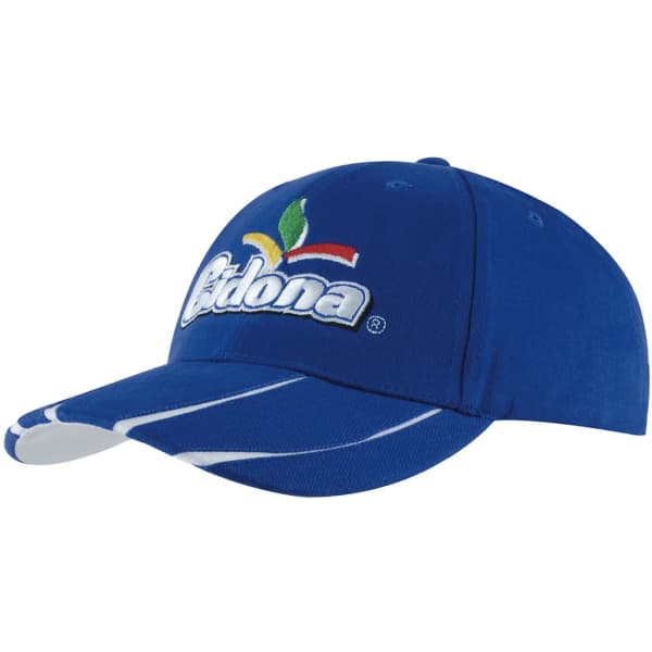 A blue cap featuring a white two-tone peak and a logo on the front. Made from brushed heavy cotton.