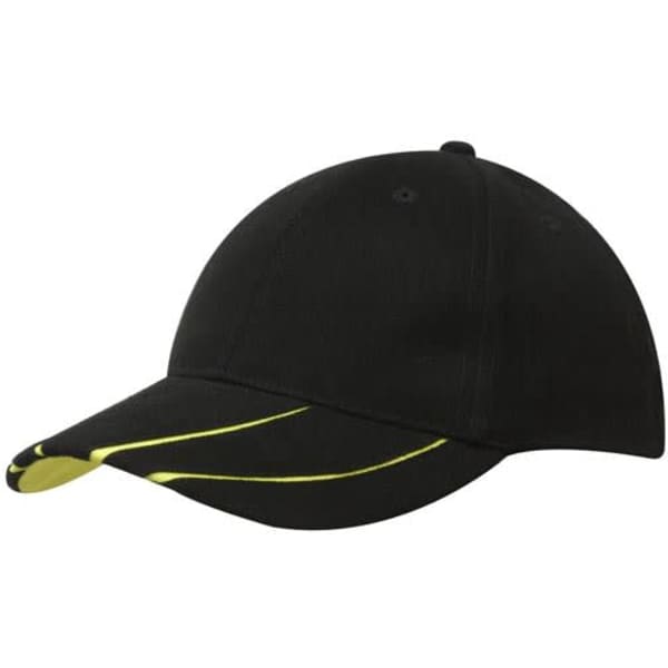 A black cap with a hi-vis laminated two-tone peak in yellow, featuring a logo on the front.