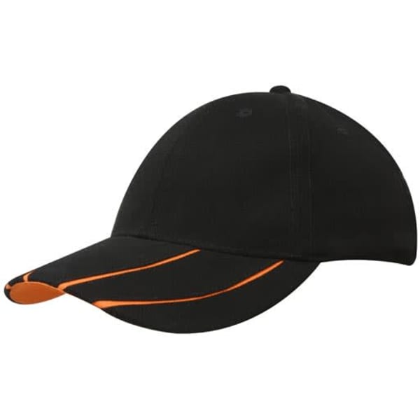 A black cap with a hi-vis laminated two-tone orange peak. It features a logo on the front.