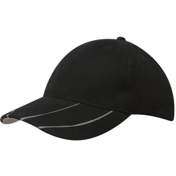 A black cap with a hi-vis laminated two-tone peak and a logo. Ideal for outdoor use and visibility.