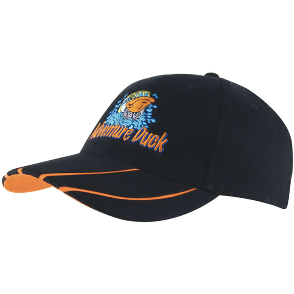 A two-tone baseball cap in black and orange featuring an embroidered design and a logo on the front.