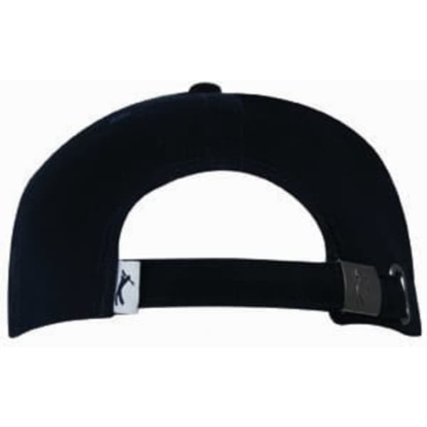 A black cap with a brushed heavy cotton fabric, featuring an embossed PU peak and a silver strap adjustment.