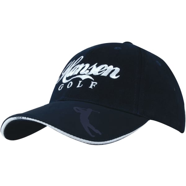 A navy cap with an embossed peak and a logo. Features contrast stitching on the brim.