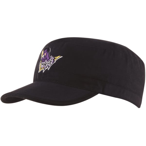 A black military cap featuring a logo on the front, designed for sports and casual wear.