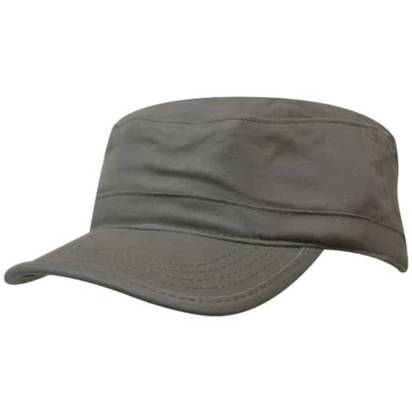 A military-style cap in olive green with a flat top and a curved visor. It features a logo on the side.