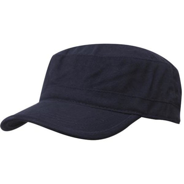 A navy blue military cap with a flat brim and structured crown, featuring a logo.