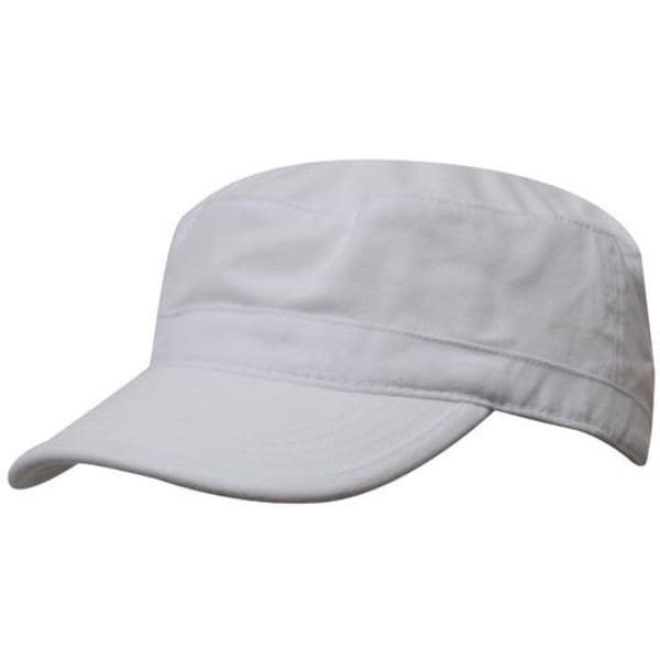 A white sports twill military cap with a curved brim and a stylish design, featuring a logo on the front.