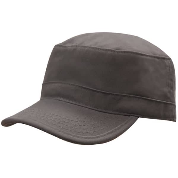 A military-style cap in grey featuring a flat top and a curved brim. The cap includes a logo on the front.