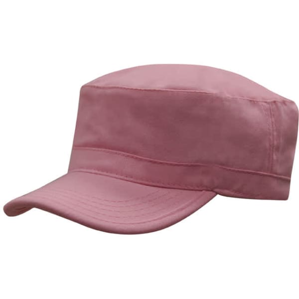 A pink military-style cap featuring a flat crown and a curved brim, with a logo on the side.