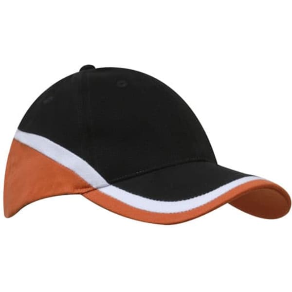 A tri-coloured cap featuring black, orange, and white detailing, with an adjustable strap and a logo.