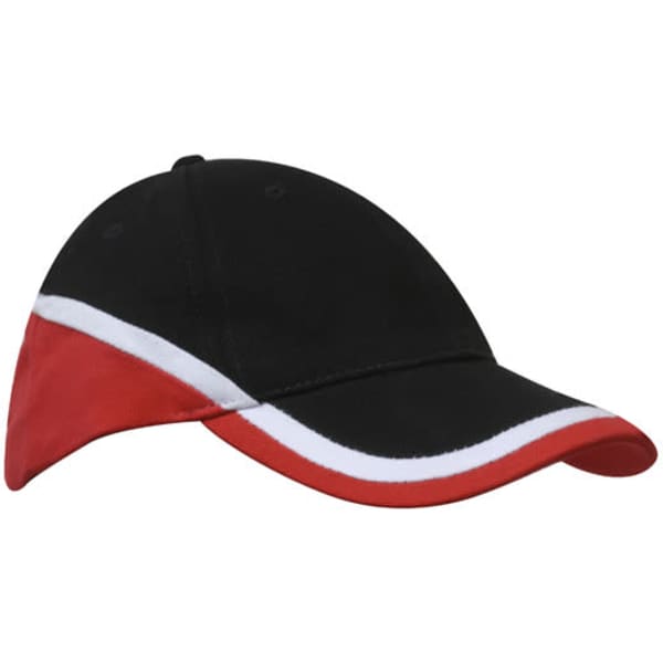 A black cap featuring tri-coloured detailing in red and white, with a logo prominently displayed.