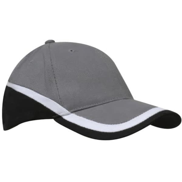 A tri-coloured cap featuring grey, black, and white panels, with a logo on the front.