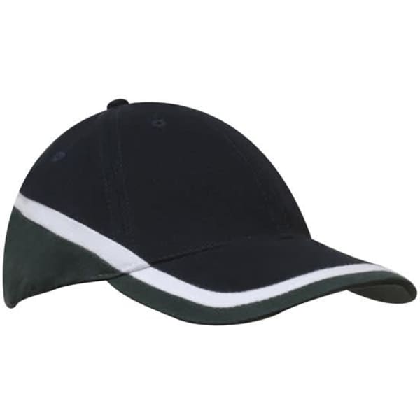 A tri-coloured cap featuring black, white, and dark green panels, designed with a logo on the front.