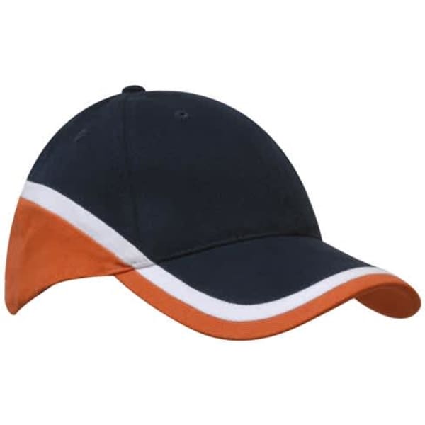 A tri-coloured cap featuring a navy blue base with orange and white accents and a logo.