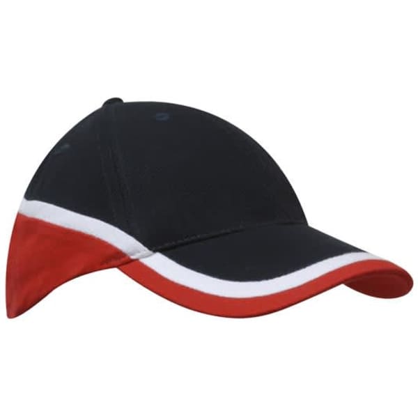 A tri-coloured cap featuring black, white, and red fabric, with a logo on the front.