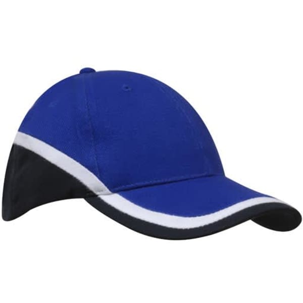 A blue and black tri-coloured cap with a white stripe and a logo on the front.