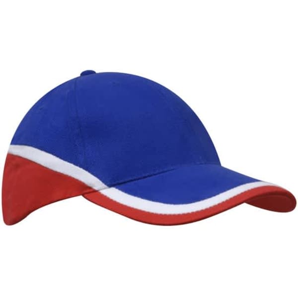 A tri-coloured cap featuring blue, red, and white panels, with a logo on the front.