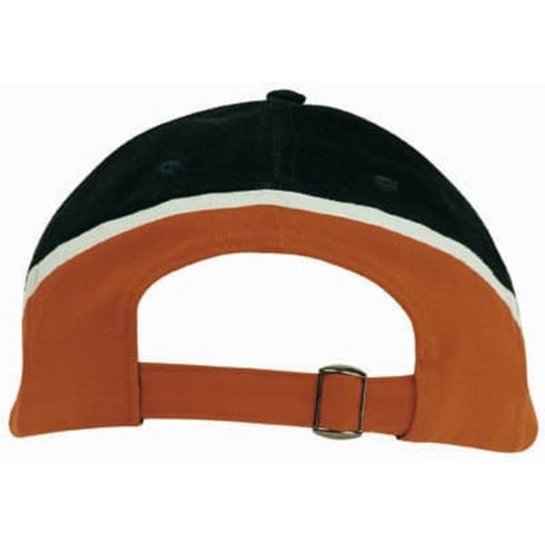 A tri-coloured cap featuring black, orange, and white panels, with an adjustable strap at the back and a logo.