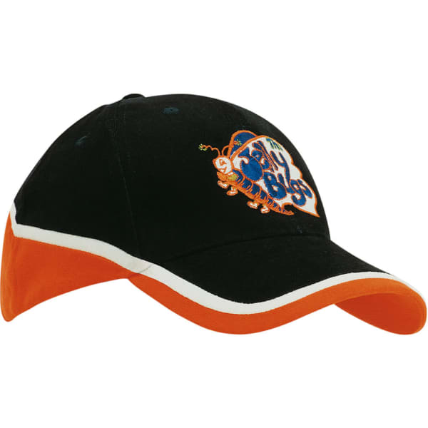 A black cap with an orange peak and accents, featuring an embroidered logo on the front.