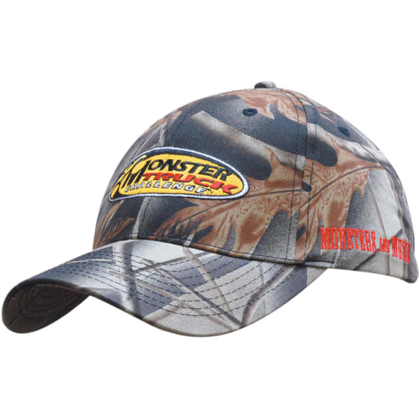 A camouflage cap featuring leaf prints in shades of brown and grey, with a logo on the front.