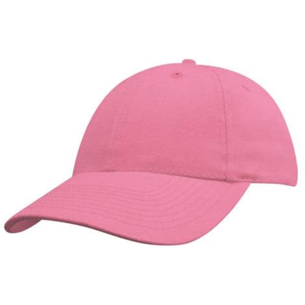 A pink youth-sized cap with a structured design and curved peak, featuring a logo on the front.