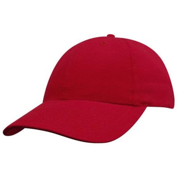A red cap made of brushed heavy cotton, featuring a curved brim and a logo.