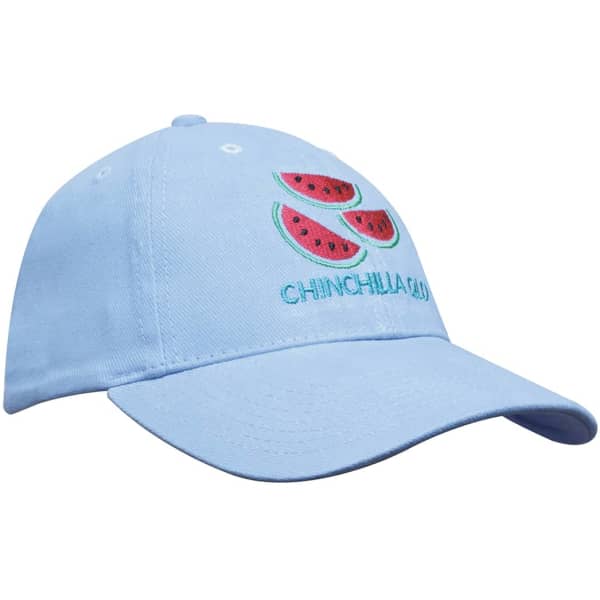 A light blue cap featuring an embroidered watermelon design and a logo on the side.