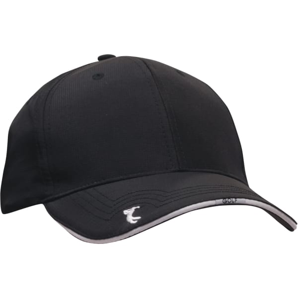 A black cap with a white trim and peak embroidery, featuring a logo on the side.