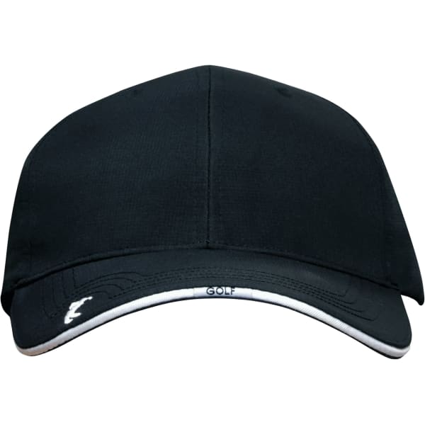 A black cap featuring peak embroidery and a logo, designed for sports and outdoor activities.