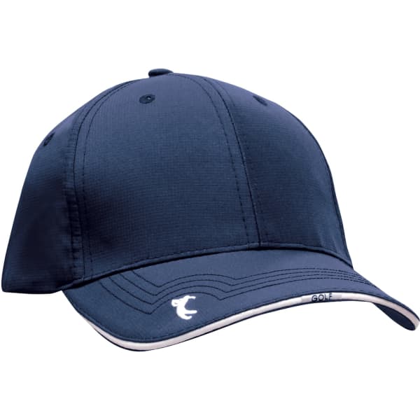 A navy cap featuring peak embroidery and a logo. Made from ripstop fabric for durability.