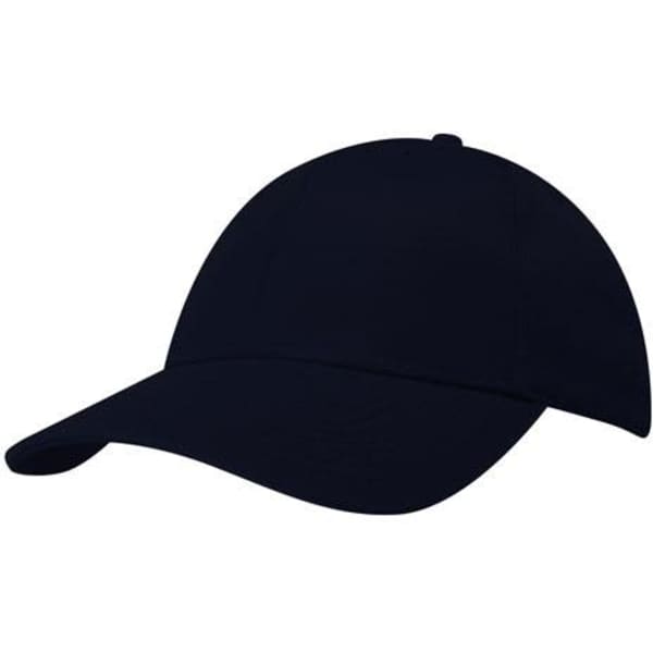 A navy blue cap made from 100% recycled earth-friendly fabric, featuring a simple design and a logo.
