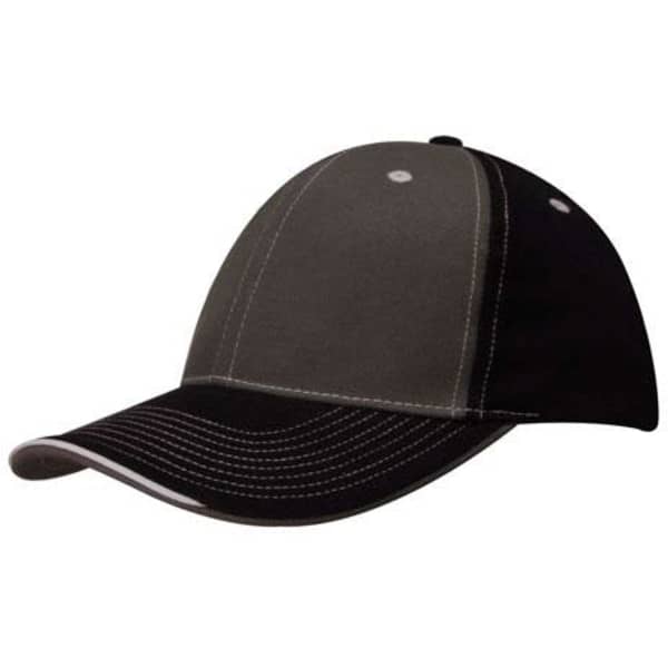 A two-tone cap featuring contrasting stitching, primarily in grey and black, with an open lip sandwich design and a logo.