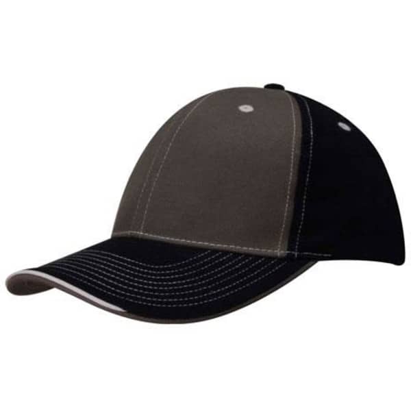 A two-tone cap featuring brushed heavy cotton in olive green and black, with contrasting stitching and an open lip sandwich.