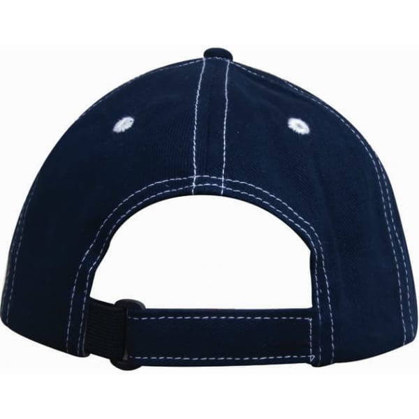 A navy cap with contrasting white stitching and an adjustable strap at the back, featuring a logo.