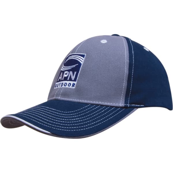 A two-tone cap featuring grey and navy colours, contrasting stitching, and a logo on the front.