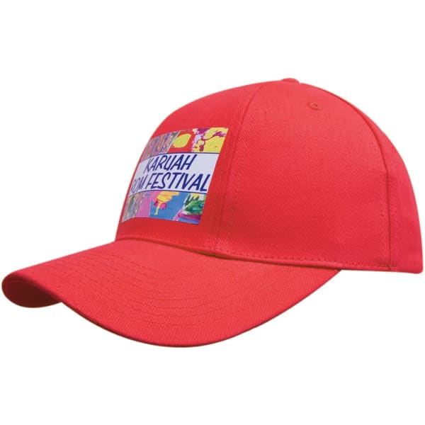 A red cap featuring a vibrant colourful design and a logo on the front.