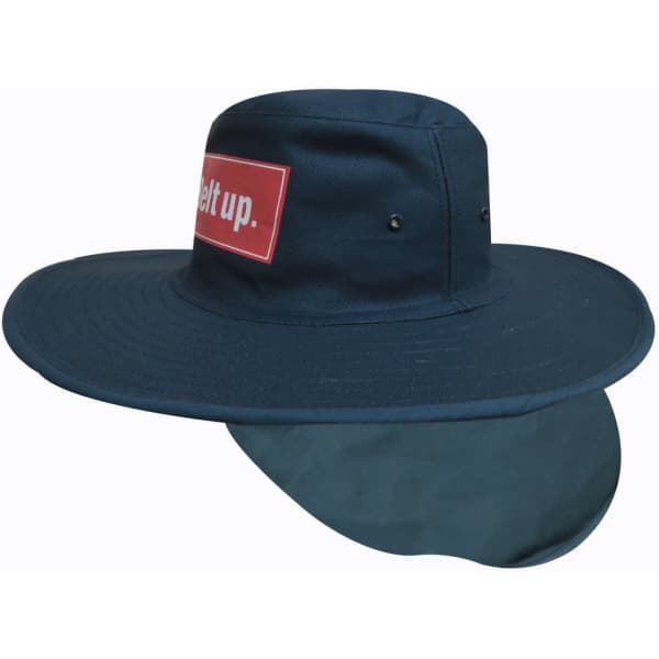 A navy canvas sun hat featuring a wide brim and a flap at the back, complete with a logo on the front.